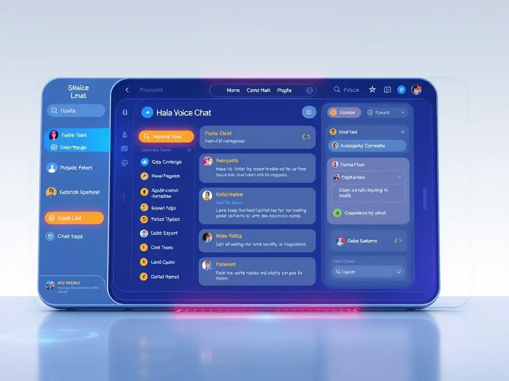 A futuristic interface displaying advanced moderation tools within the Hala Voice Chat platform, highlighting the platform's commitment to maintaining a safe and positive community environment.