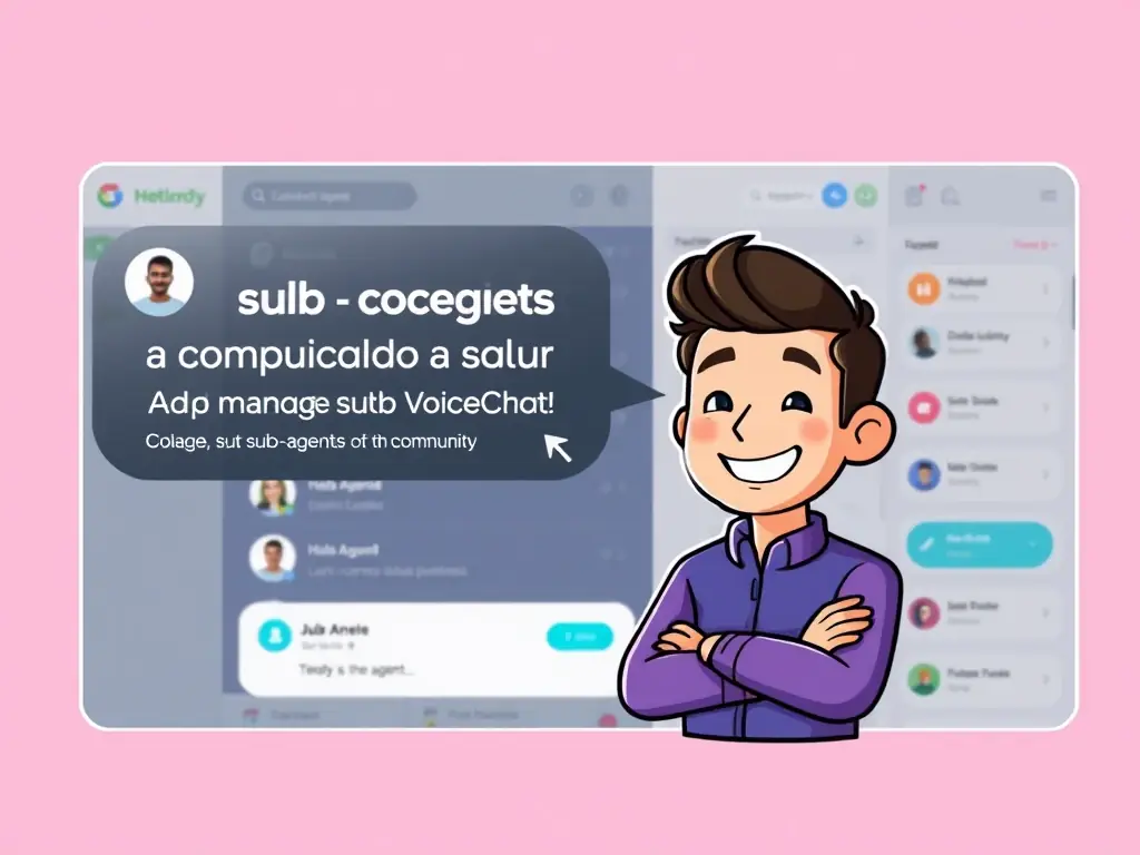 A stylized graphic representing a sub-agent managing community interactions within the Hala Voice Chat platform, emphasizing the simplicity of sub-agent addition.