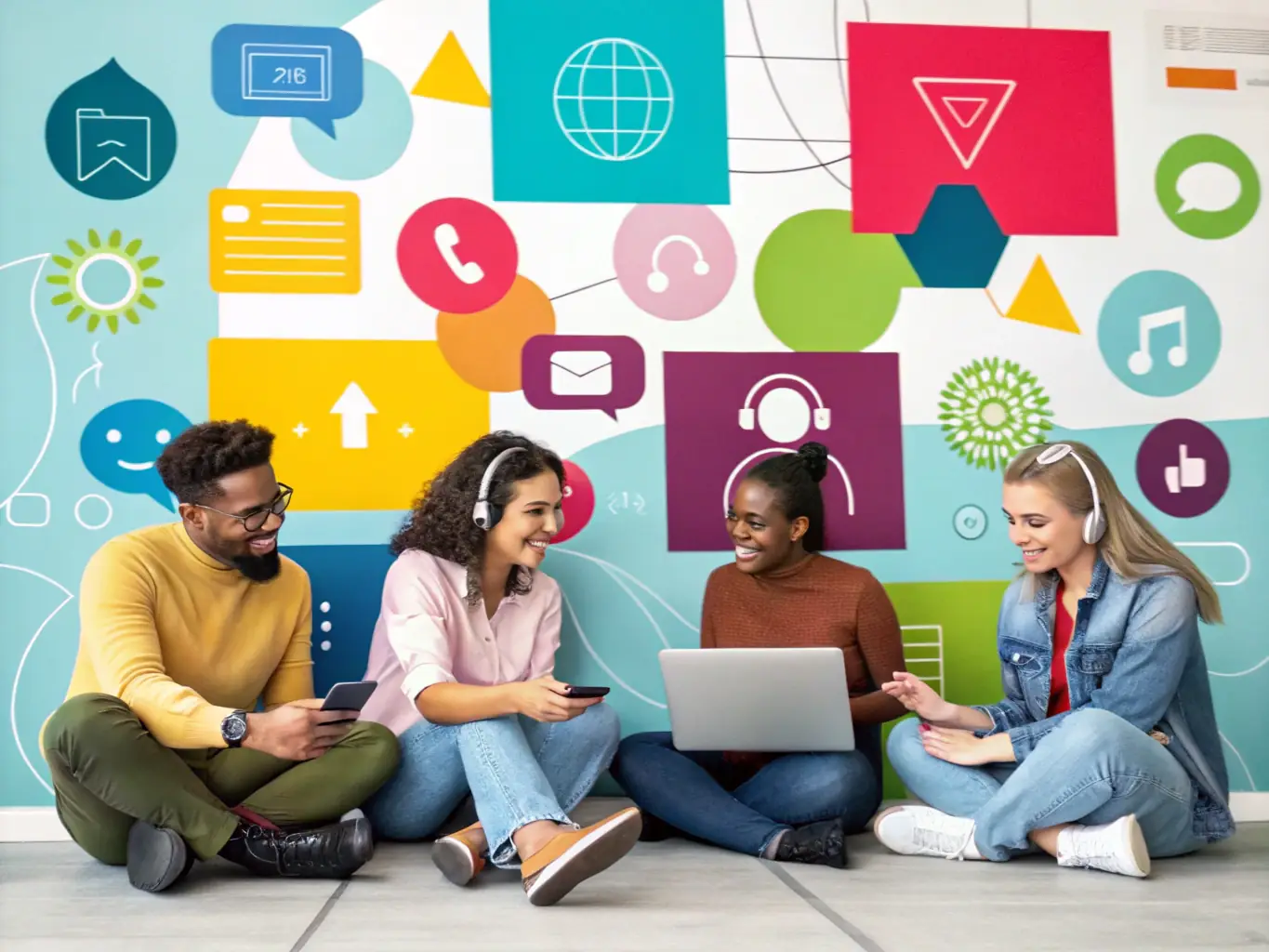 A digital illustration depicting a diverse group of people happily interacting within a voice chat interface, showcasing the ease of adding new hosts to the community.