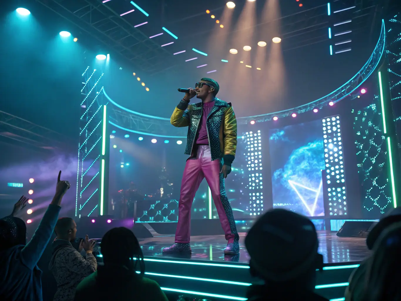 A vibrant scene of a live streamer singing and playing guitar, interacting with a lively audience through comments and virtual gifts on the Joyo Live platform, showcasing the diverse live content.